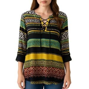 Cocomo Boho Tribal Lace Up Tunic Top Womens XL Black Yellow Patterned Festival
